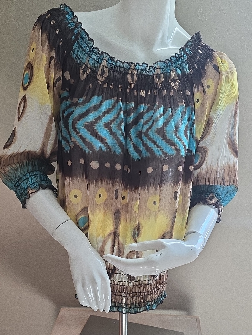 Boho Peasant Blouse - Turquoise, Yellow & Brown